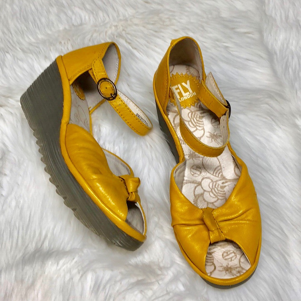 Fly London bright yellow leather wedge sandal 38